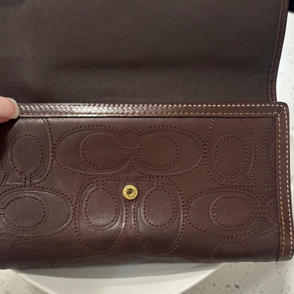 Coach Dark Brown Embossed Signature Leather Wallet with Gold Snap - Picture 11 of 13